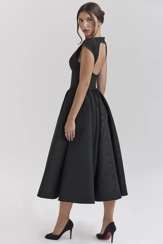 Debutante Black Moire Satin Backless Midi Dress Debutante Black Moire Satin Backless Midi Dress