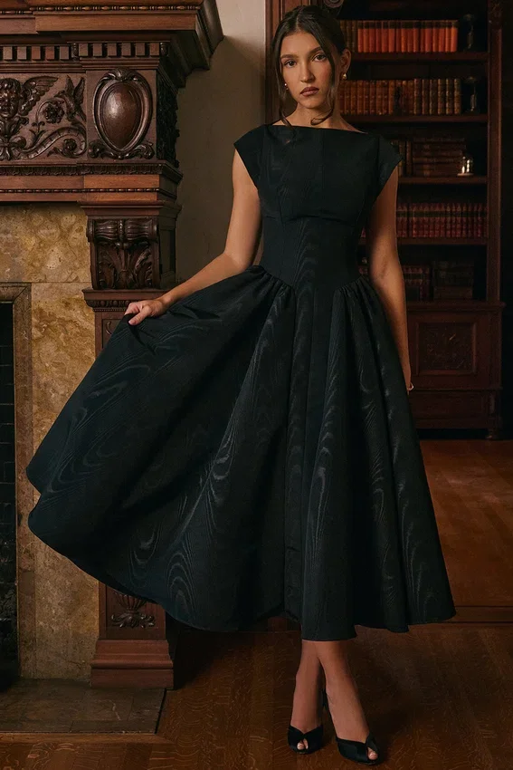 Debutante Black Moire Satin Backless Midi Dress Debutante Black Moire Satin Backless Midi Dress
