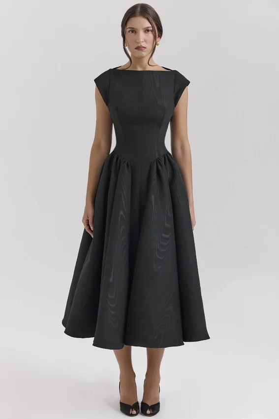 Debutante Black Moire Satin Backless Midi Dress Debutante Black Moire Satin Backless Midi Dress