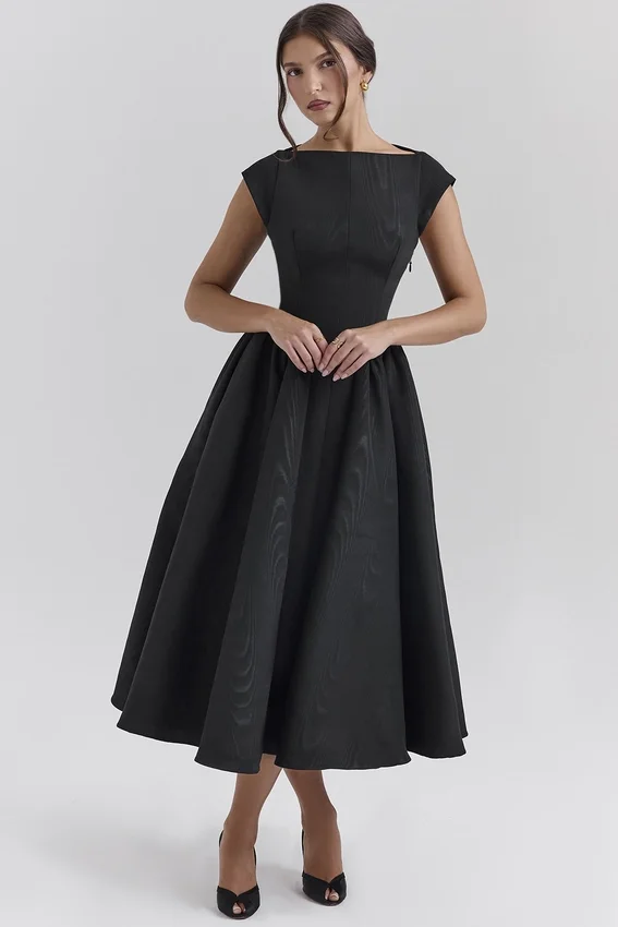 Debutante Black Moire Satin Backless Midi Dress Debutante Black Moire Satin Backless Midi Dress