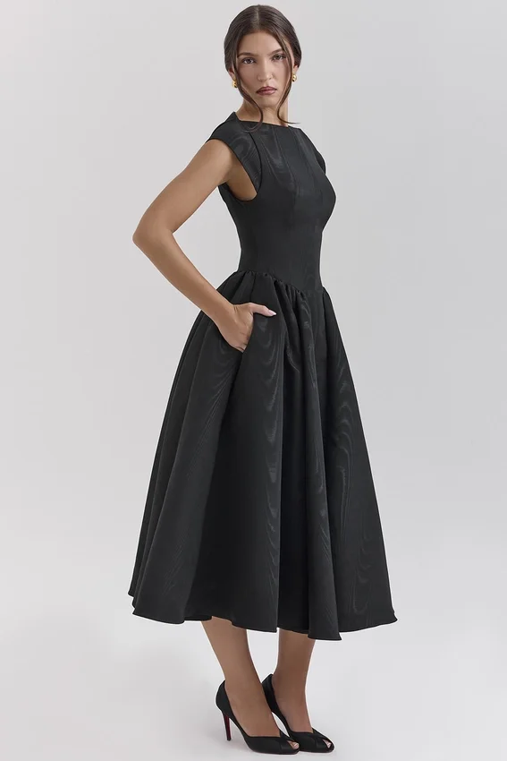 Debutante Black Moire Satin Backless Midi Dress Debutante Black Moire Satin Backless Midi Dress