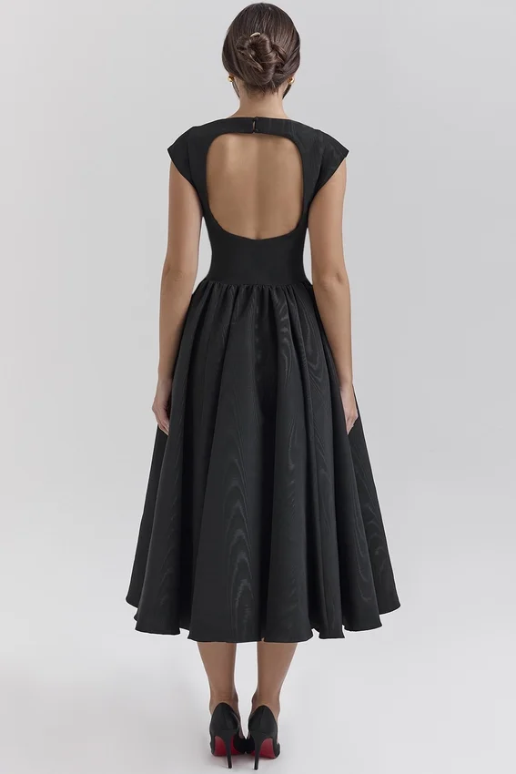 Debutante Black Moire Satin Backless Midi Dress Debutante Black Moire Satin Backless Midi Dress
