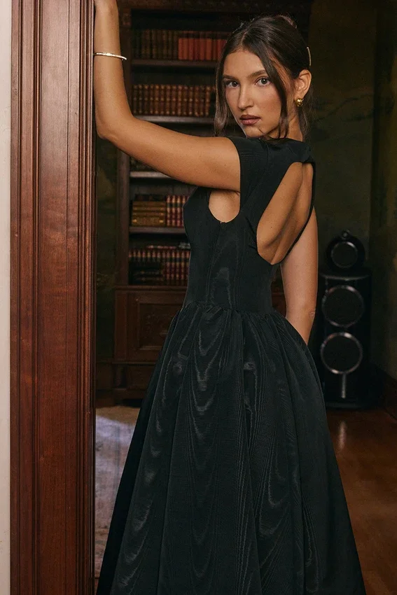 Debutante Black Moire Satin Backless Midi Dress Debutante Black Moire Satin Backless Midi Dress