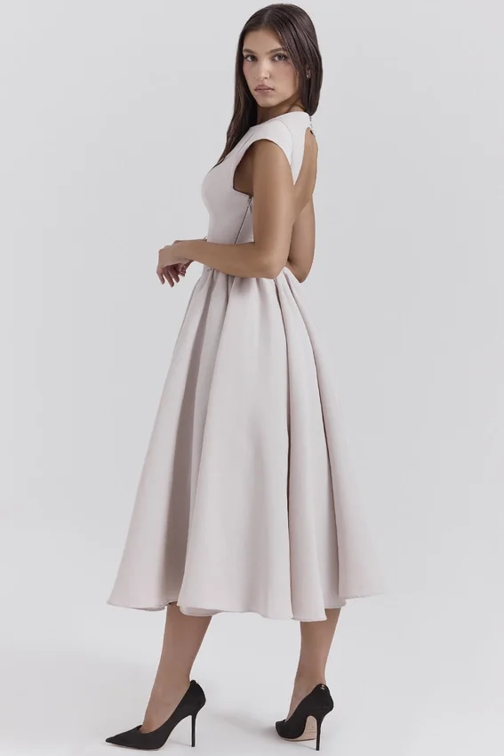 Debutante French Dove Moire Satin Backless Midi Dress Debutante French Dove Moire Satin Backless Midi Dress