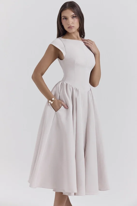 Debutante French Dove Moire Satin Backless Midi Dress Debutante French Dove Moire Satin Backless Midi Dress