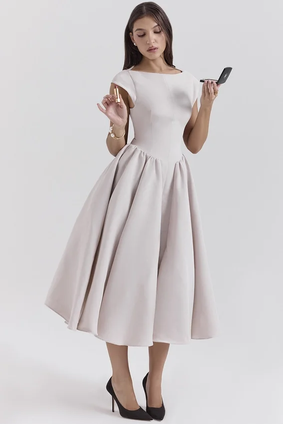Debutante French Dove Moire Satin Backless Midi Dress Debutante French Dove Moire Satin Backless Midi Dress