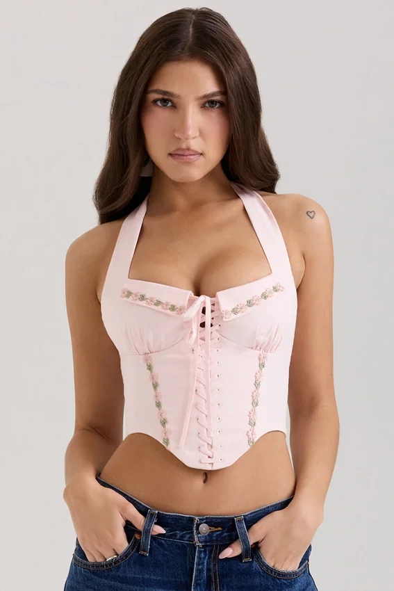 Demi Pink Floral Embroidered Stretch Cotton Corset Top Demi Pink Floral Embroidered Stretch Cotton Corset Top