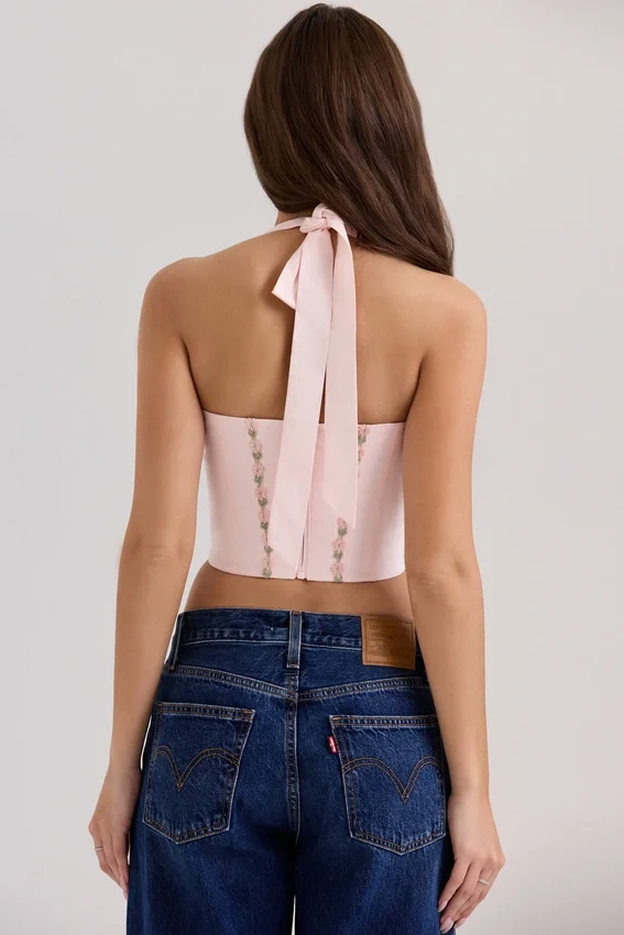 Demi Pink Floral Embroidered Stretch Cotton Corset Top Demi Pink Floral Embroidered Stretch Cotton Corset Top