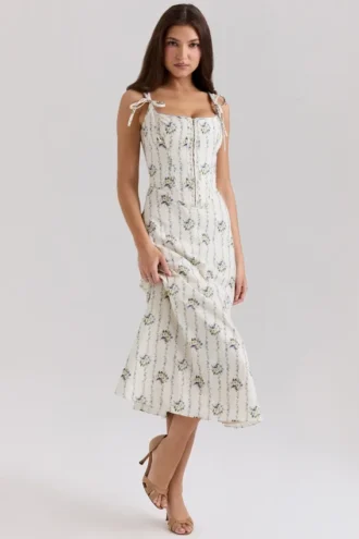 Dionne Cream Daisy Print Stretch Cotton Midi Dress