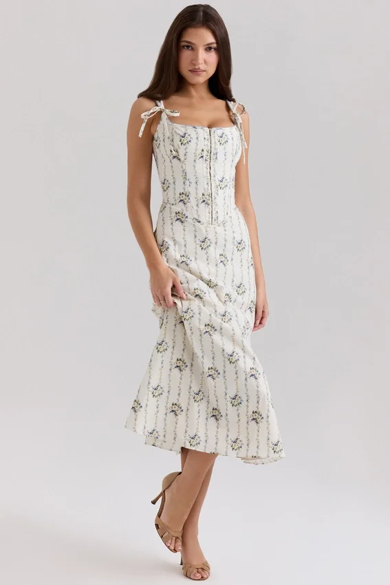 Dionne Cream Daisy Print Stretch Cotton Midi Dress Dionne Cream Daisy Print Stretch Cotton Midi Dress