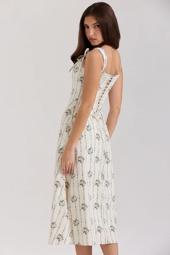 Dionne Cream Daisy Print Stretch Cotton Midi Dress Dionne Cream Daisy Print Stretch Cotton Midi Dress