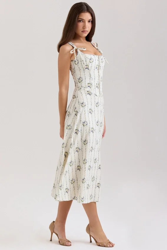 Dionne Cream Daisy Print Stretch Cotton Midi Dress Dionne Cream Daisy Print Stretch Cotton Midi Dress