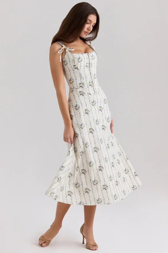 Dionne Cream Daisy Print Stretch Cotton Midi Dress Dionne Cream Daisy Print Stretch Cotton Midi Dress