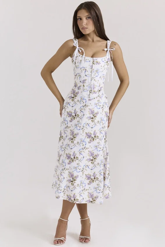 Dionne Off White Floral Print Cotton Midi Dress Dionne Off White Floral Print Cotton Midi Dress