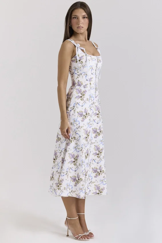 Dionne Off White Floral Print Cotton Midi Dress Dionne Off White Floral Print Cotton Midi Dress