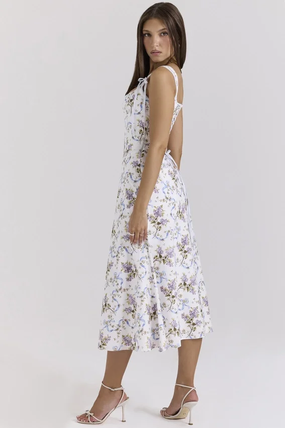 Dionne Off White Floral Print Cotton Midi Dress Dionne Off White Floral Print Cotton Midi Dress