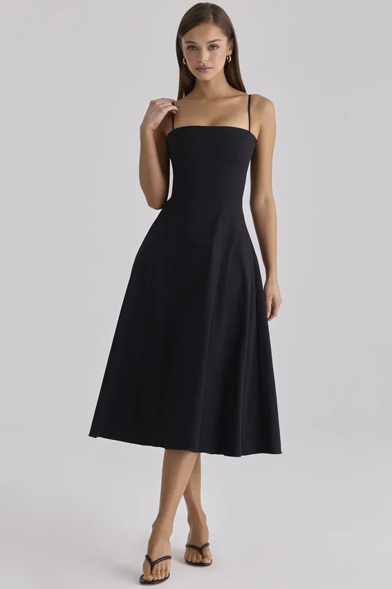 Dolly Black Cotton Flared Midi Sundress Dolly Black Cotton Flared Midi Sundress