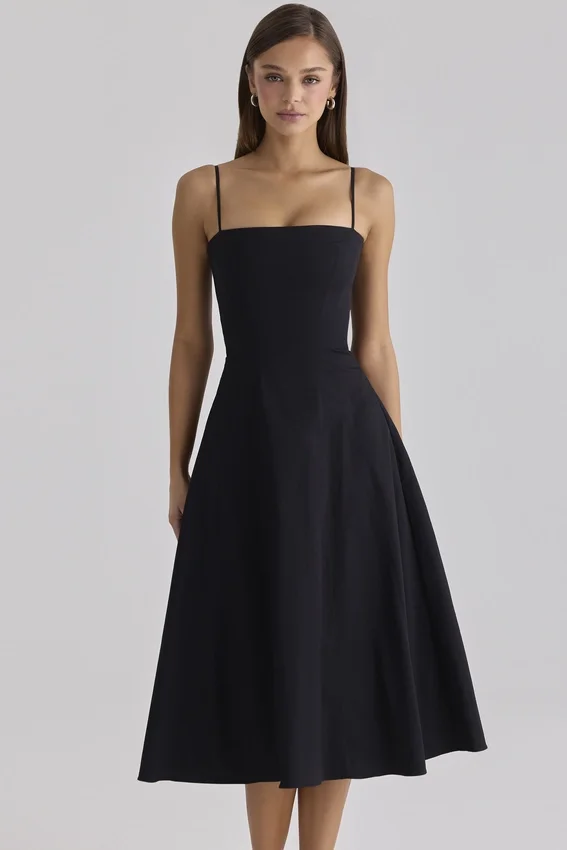 Dolly Black Cotton Flared Midi Sundress Dolly Black Cotton Flared Midi Sundress