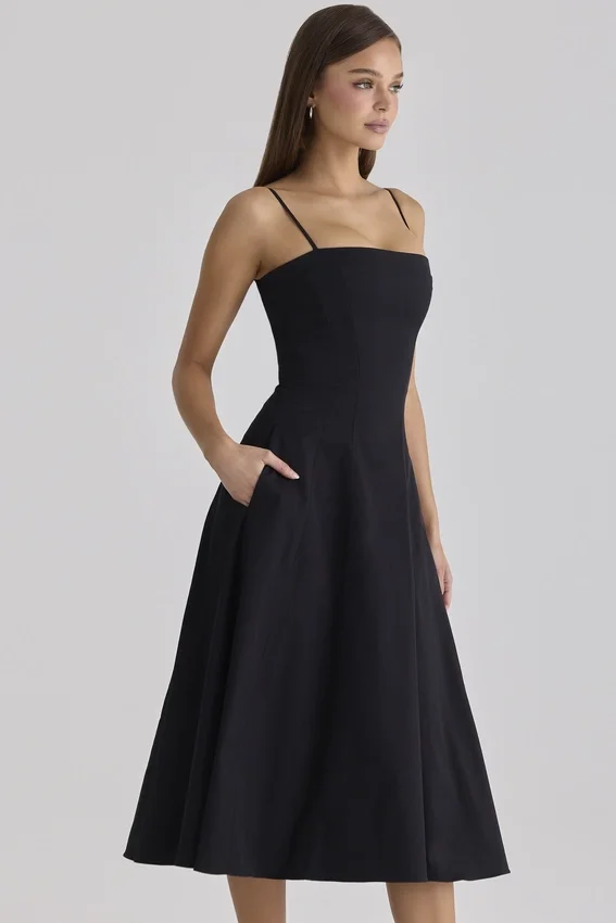 Dolly Black Cotton Flared Midi Sundress Dolly Black Cotton Flared Midi Sundress