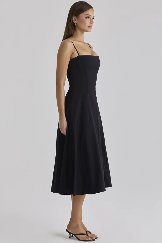 Dolly Black Cotton Flared Midi Sundress Dolly Black Cotton Flared Midi Sundress