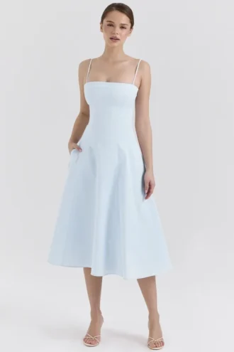 Dolly Soft Blue Stretch Cotton A-Line Midi Sundress