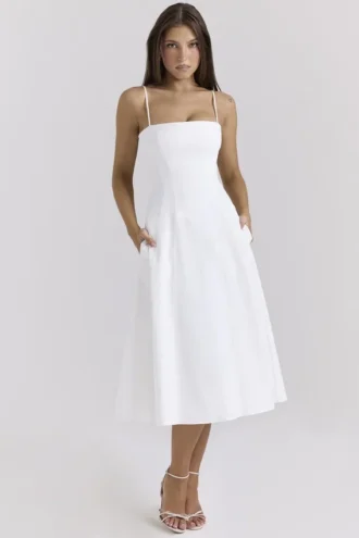 Dolly White Stretch Cotton A-Line Midi Sundress