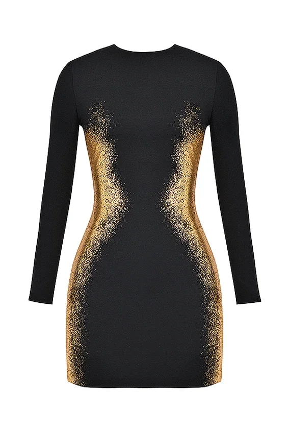 Domenica Black & Gold Foil Print Mini Dress Domenica Black & Gold Foil Print Mini Dress