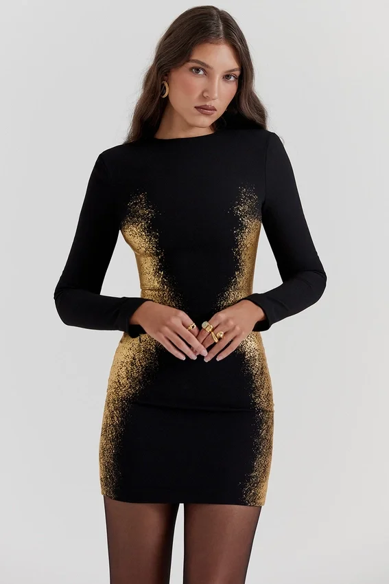 Domenica Black & Gold Foil Print Mini Dress Domenica Black & Gold Foil Print Mini Dress