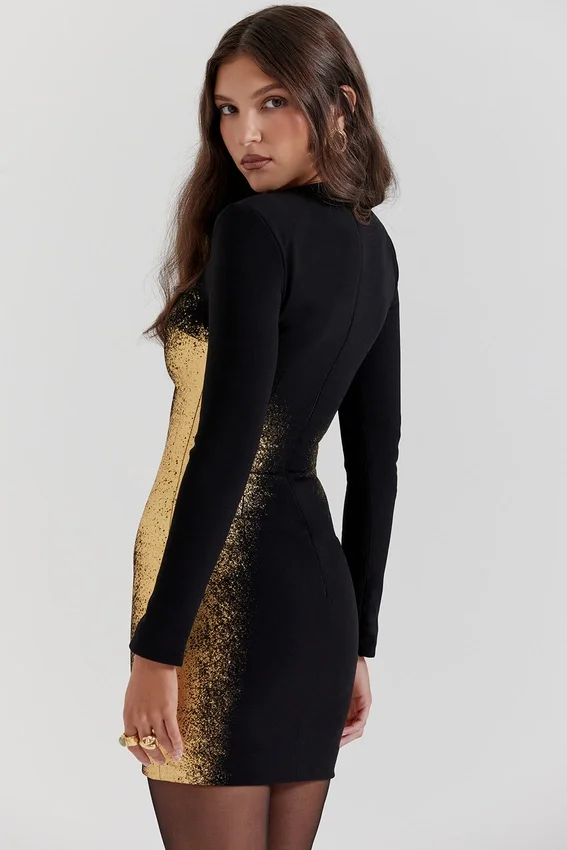 Domenica Black & Gold Foil Print Mini Dress Domenica Black & Gold Foil Print Mini Dress