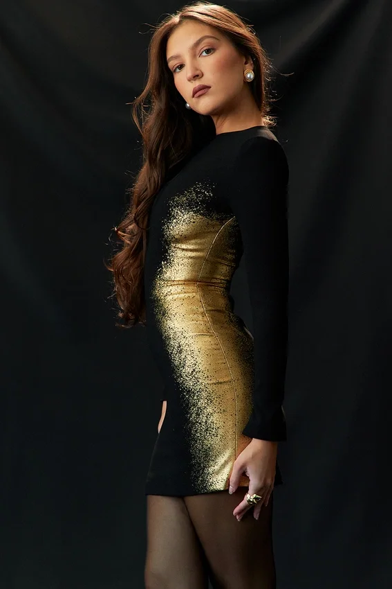 Domenica Black & Gold Foil Print Mini Dress Domenica Black & Gold Foil Print Mini Dress