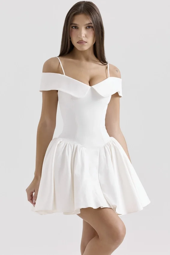 Elida White Twill Off Shoulder Mini Dress Elida White Twill Off Shoulder Mini Dress
