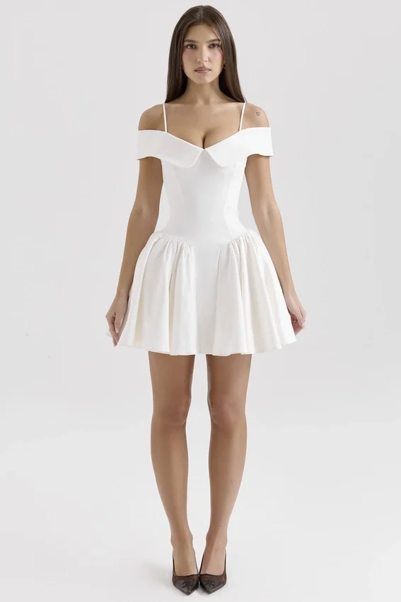 Elida White Twill Off Shoulder Mini Dress Elida White Twill Off Shoulder Mini Dress