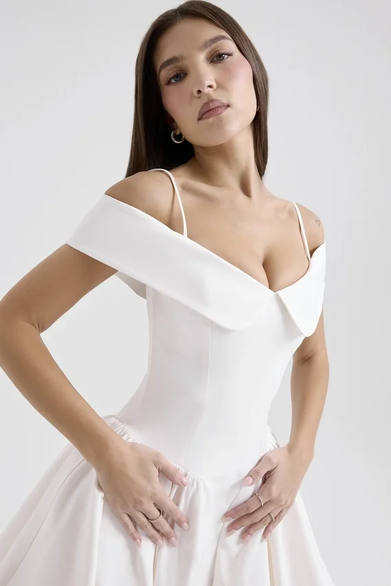 Elida White Twill Off Shoulder Mini Dress Elida White Twill Off Shoulder Mini Dress