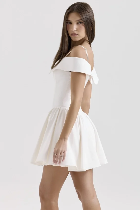 Elida White Twill Off Shoulder Mini Dress Elida White Twill Off Shoulder Mini Dress