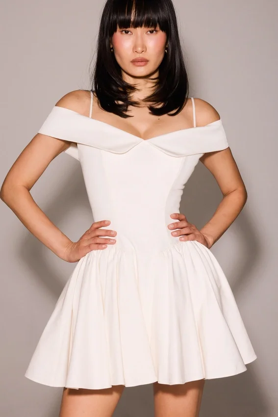 Elida White Twill Off Shoulder Mini Dress Elida White Twill Off Shoulder Mini Dress