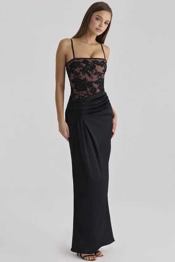 Eliette Black Embellished Lace + Satin Maxi Dress Eliette Black Embellished Lace + Satin Maxi Dress
