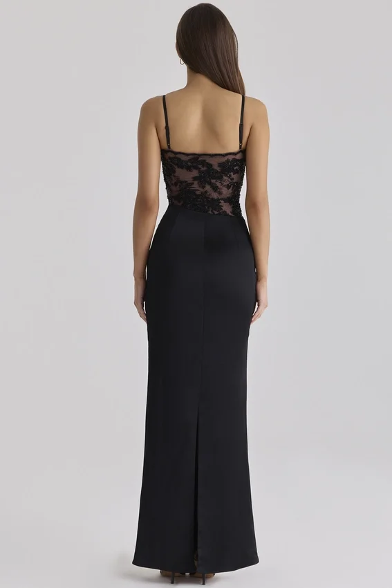 Eliette Black Embellished Lace + Satin Maxi Dress Eliette Black Embellished Lace + Satin Maxi Dress