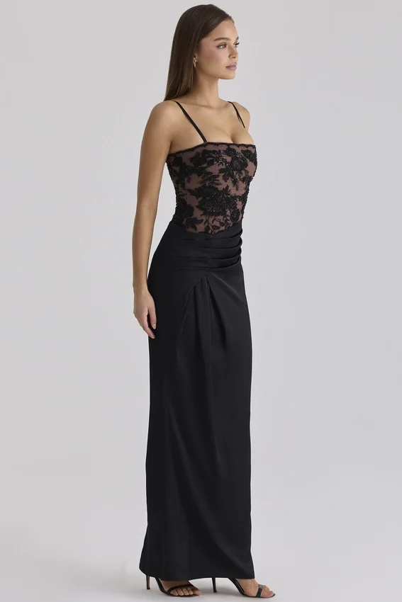 Eliette Black Embellished Lace + Satin Maxi Dress Eliette Black Embellished Lace + Satin Maxi Dress
