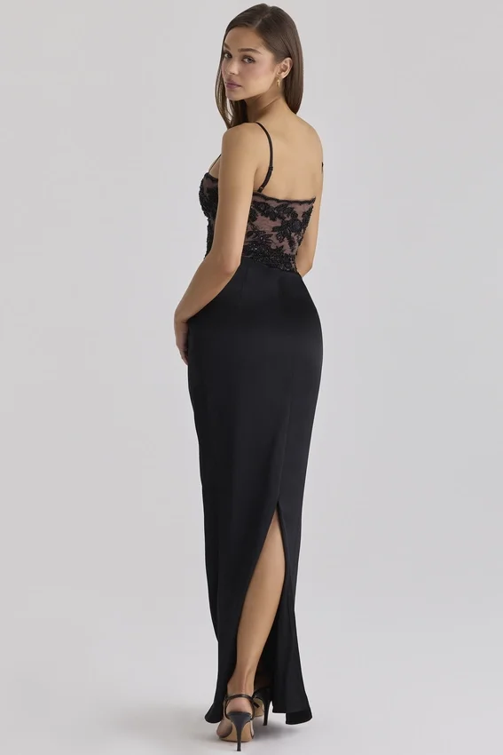 Eliette Black Embellished Lace + Satin Maxi Dress Eliette Black Embellished Lace + Satin Maxi Dress