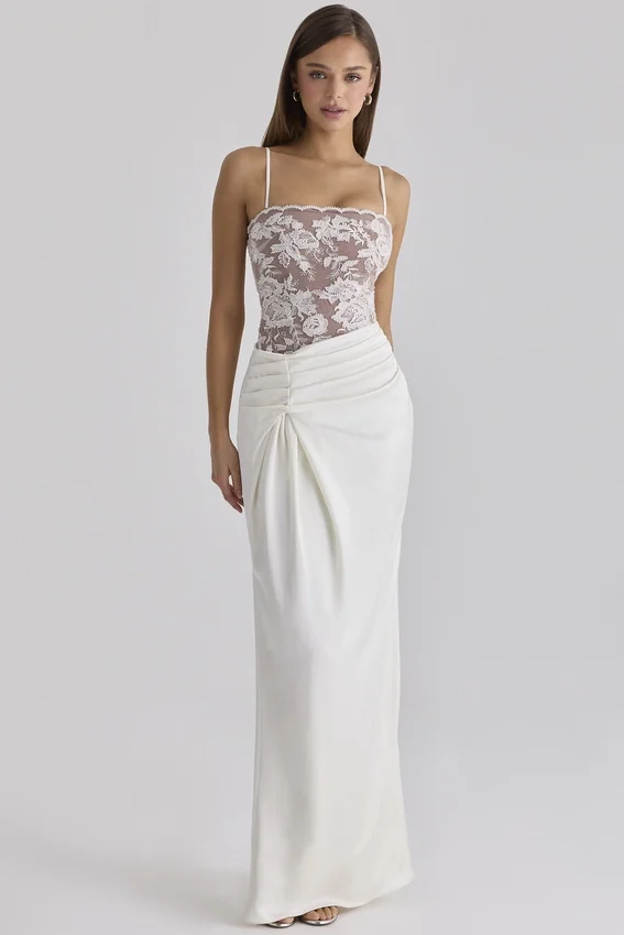 Eliette White Embellished Lace and Satin Maxi Dress Eliette White Embellished Lace and Satin Maxi Dress
