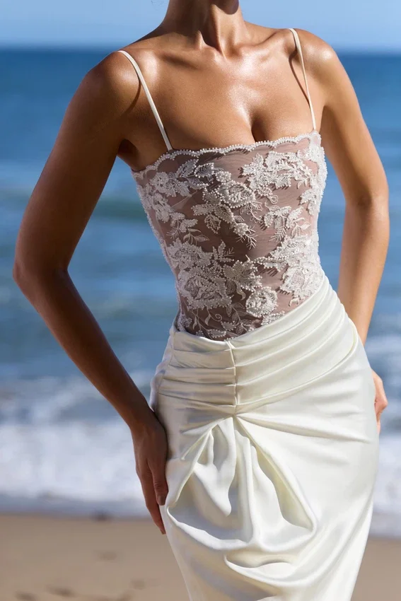 Eliette White Embellished Lace and Satin Maxi Dress Eliette White Embellished Lace and Satin Maxi Dress