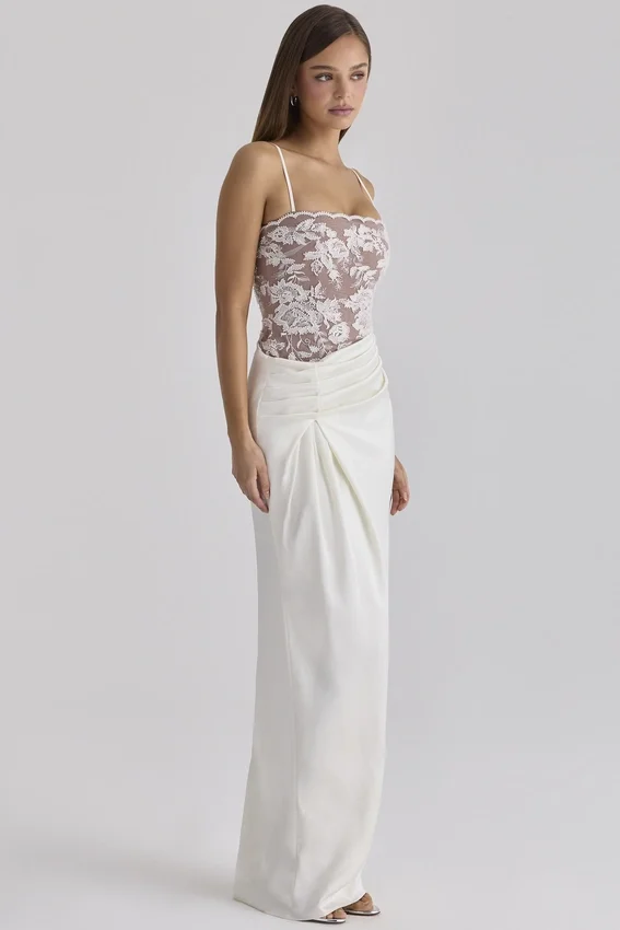 Eliette White Embellished Lace and Satin Maxi Dress Eliette White Embellished Lace and Satin Maxi Dress