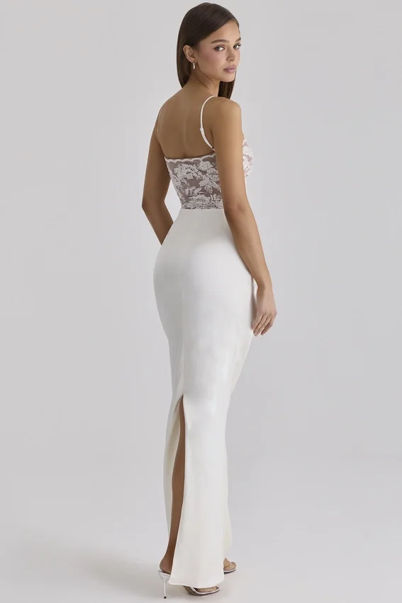 Eliette White Embellished Lace and Satin Maxi Dress Eliette White Embellished Lace and Satin Maxi Dress