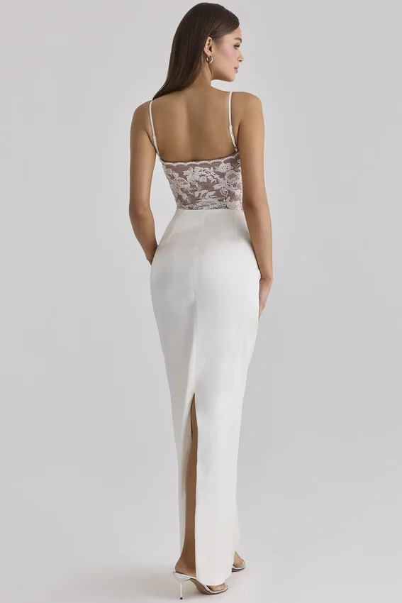 Eliette White Embellished Lace and Satin Maxi Dress Eliette White Embellished Lace and Satin Maxi Dress