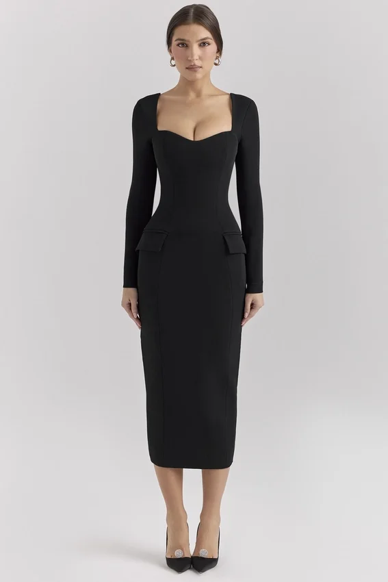 Ella Black Stretch Crepe Long Sleeve Midi Dress Ella Black Stretch Crepe Long Sleeve Midi Dress