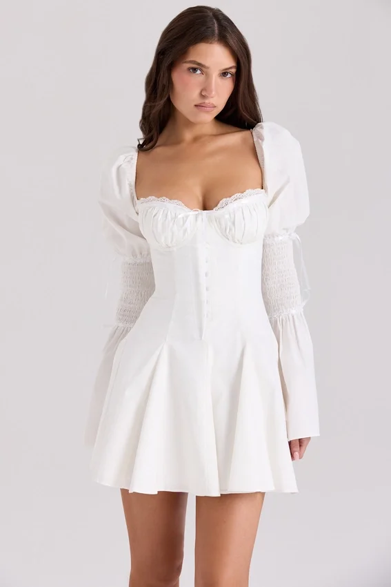 Ellerie White Cotton Flute Sleeve Mini Dress Ellerie White Cotton Flute Sleeve Mini Dress