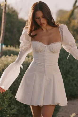 Ellerie White Cotton Flute Sleeve Mini Dress