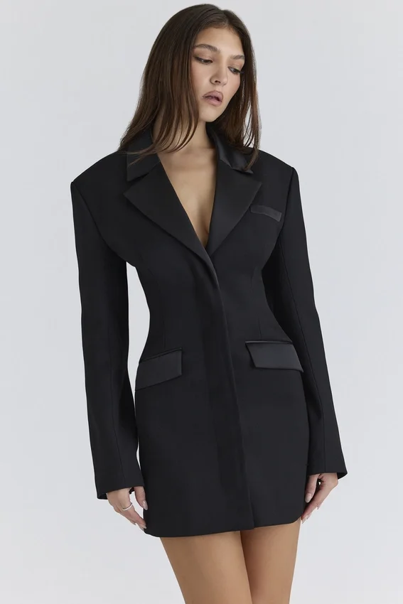 Ellis Black Satin Trimmed Hourglass Blazer Dress Ellis Black Satin Trimmed Hourglass Blazer Dress