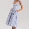 Emely Blue Floral Print Stretch Cotton Midi Sundress Emely Blue Floral Print Stretch Cotton Midi Sundress