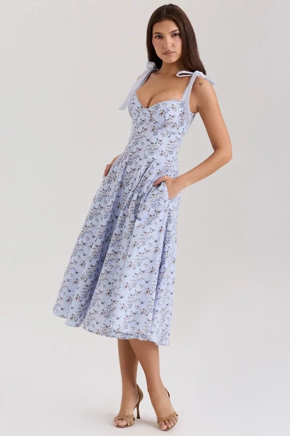 Emely Blue Floral Print Stretch Cotton Midi Sundress Emely Blue Floral Print Stretch Cotton Midi Sundress
